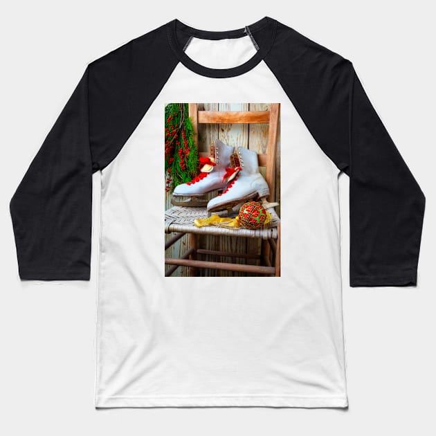 Old Ice Skates On Wooden Chair Baseball T-Shirt by photogarry